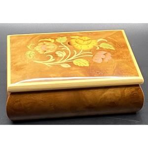 Burl Wood Laquered Trinket Box Floral Pink Yellow Flowers Velvet Hinged Lid